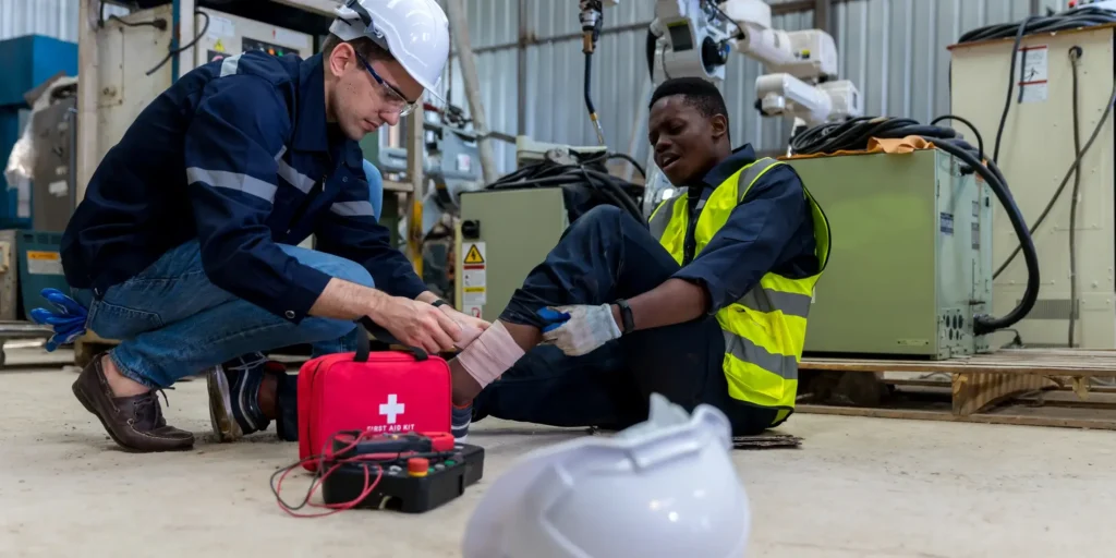 Ein Arbeiter versorgt die Beinverletzung eines Mannes, der vor Schmerzen aufschreiend auf dem Boden sitzt