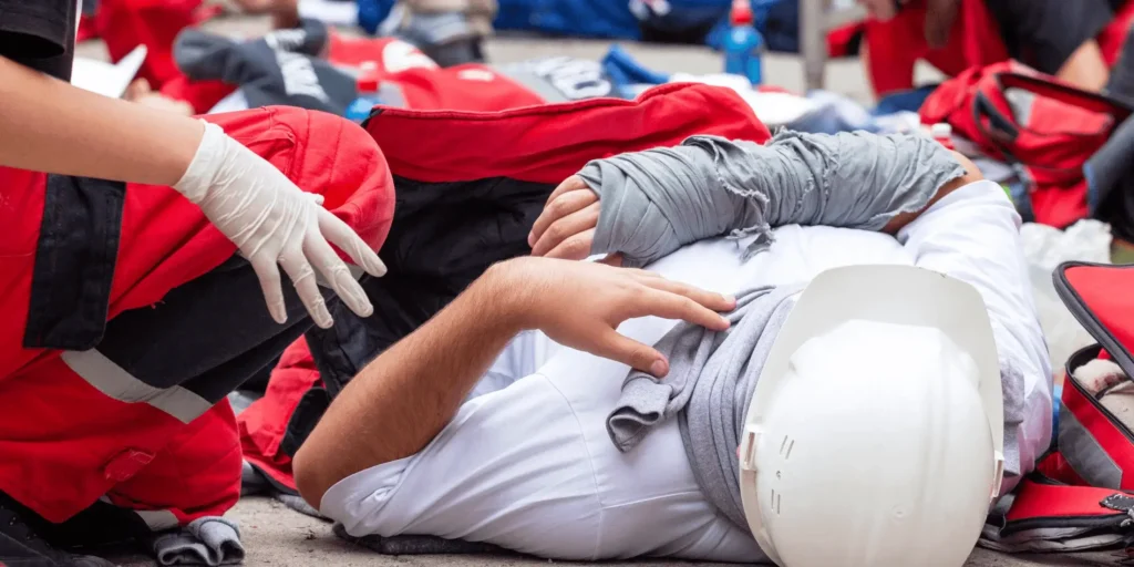Sanitäter geben Erste Hilfe an einem am Boden liegenden Mann